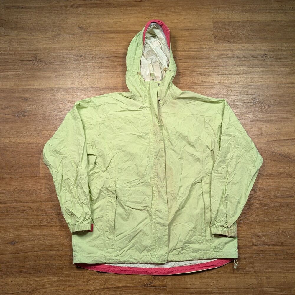LL Bean Rain Jacket Womens XL Green Coat Hooded Nylon Full Zip Shell Outdoors